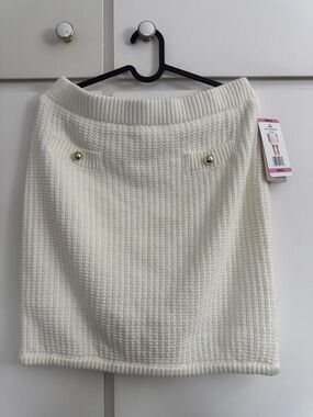 French Connection Cream Knit Pencil Skirt with Gold Button Detail